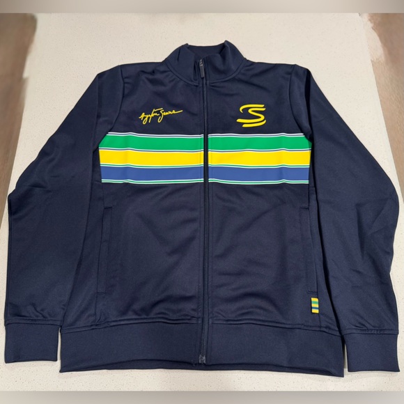 NWT Unisex Ayrton Senna Navy F1 Retro Stripe Full-Zip Jacket - M - Picture 5 of 10